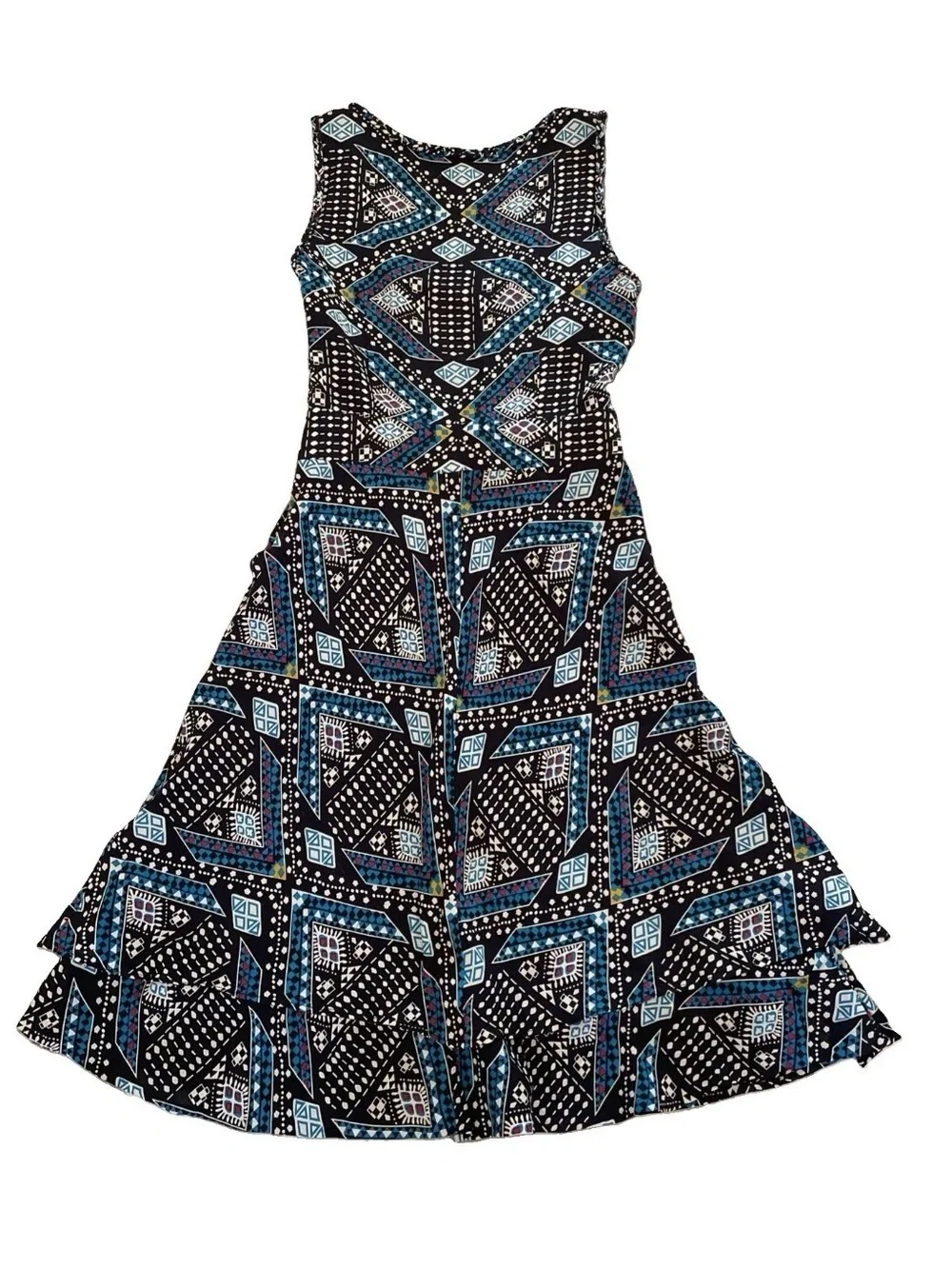 Tory Burch SZ 4 Camilla Dasha Geometric Print Silk Sleeveless Dress Ruffle Hem